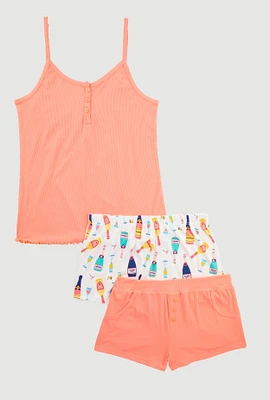 Womens Henley Pajama Cami with Shorts Set, Pink, Size S