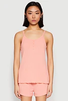 Womens Henley Pajama Cami with Shorts Set, Pink, Size S