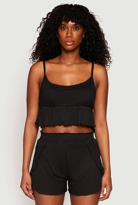 Womens Ribbed Knit Lettuce Edge Pajama Cami and Shorts,