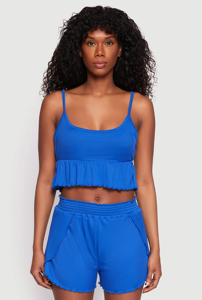 Womens Ribbed Knit Lettuce Edge Pajama Cami and Shorts,