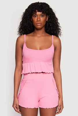 Womens Ribbed Knit Lettuce Edge Pajama Cami and Shorts, Pink, Size S