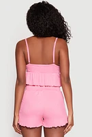 Womens Ribbed Knit Lettuce Edge Pajama Cami and Shorts, Pink, Size S