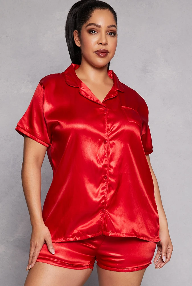 Womens Plus Size Satin Pajama Shirt and Shorts, Red, Size 1X