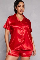 Womens Plus Size Satin Pajama Shirt and Shorts, Red, Size 1X