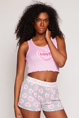 Womens Love Pajama Tank Top and Printed Shorts, Pink, Size L