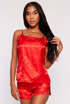 Womens Satin Heart Pajama Cami with Shorts, Red, Size L