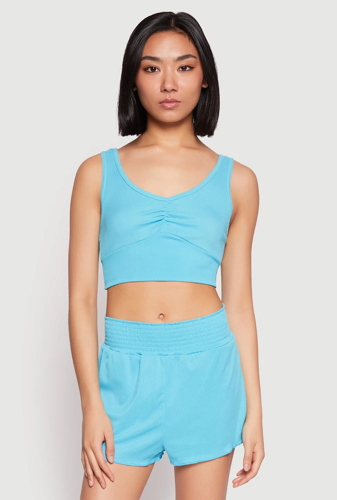 Womens Ribbed Knit Ruched Pajama Tank Top and Smocked Shorts,