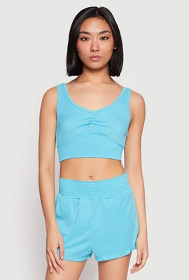 Womens Ribbed Knit Ruched Pajama Tank Top and Smocked Shorts,