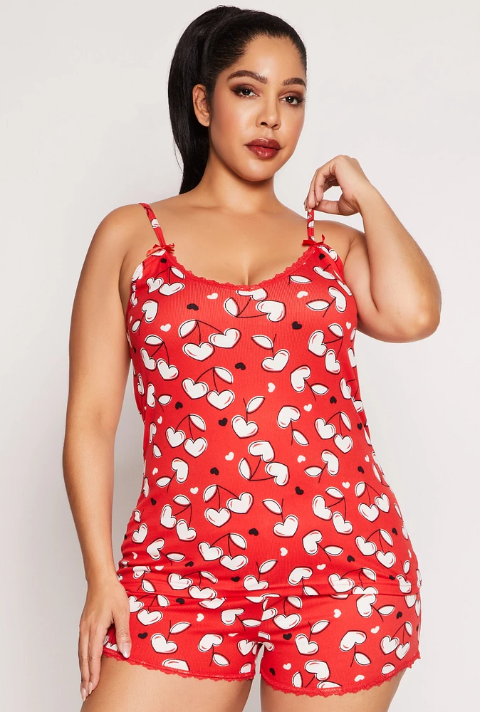 Womens Plus Size Heart Cherry Pajama Cami with Shorts, Red, Size 1X