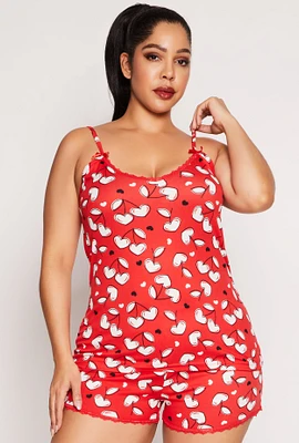 Womens Plus Size Heart Cherry Pajama Cami with Shorts, Red, Size 1X