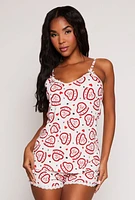 Womens Heart Cake Print Pajama Cami and Shorts, White,