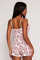Womens Heart Cake Print Pajama Cami and Shorts, White,