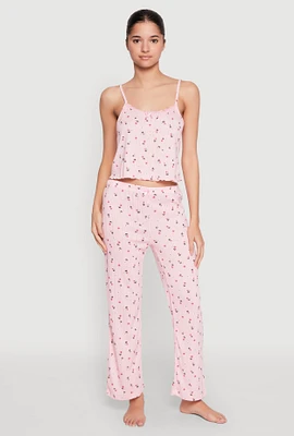 Womens Printed Pattern Pointelle Pajama Cami and Pants, Pink, Size S
