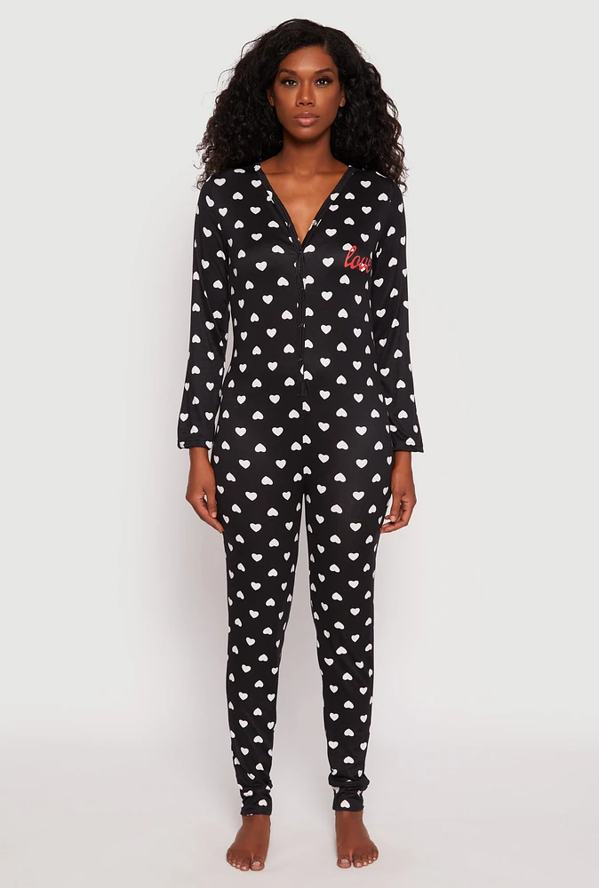 Womens Love Heart Print Pajama Onesie, S