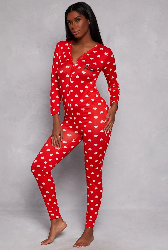 Womens Love Heart Print Pajama Onesie, Red, Size XL