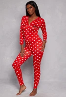 Womens Love Heart Print Pajama Onesie, Red, Size XL