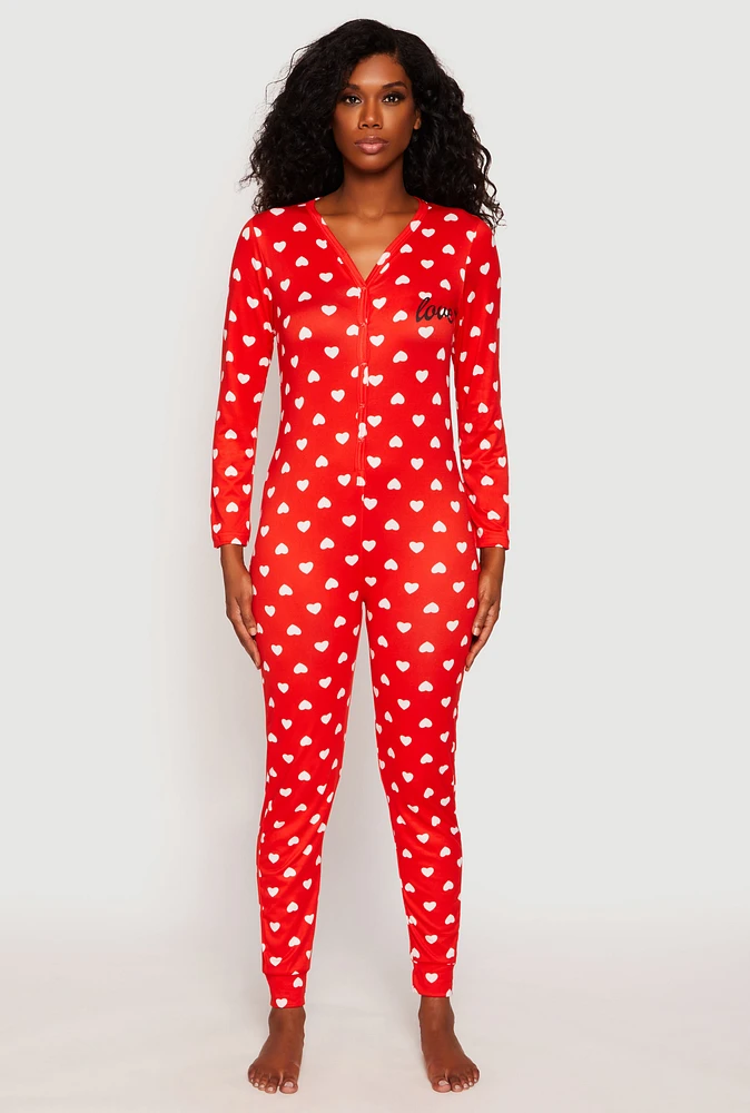Womens Love Heart Print Pajama Onesie, Red, Size M