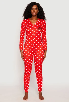 Womens Love Heart Print Pajama Onesie, Red, Size M