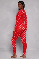 Womens Love Heart Print Pajama Onesie, Red, Size XL