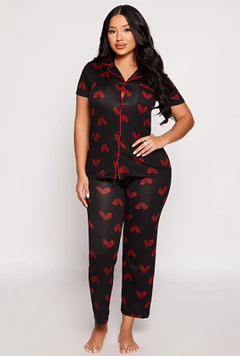 Womens Soft Knit Heart Print Pajama Shirt and Pants,