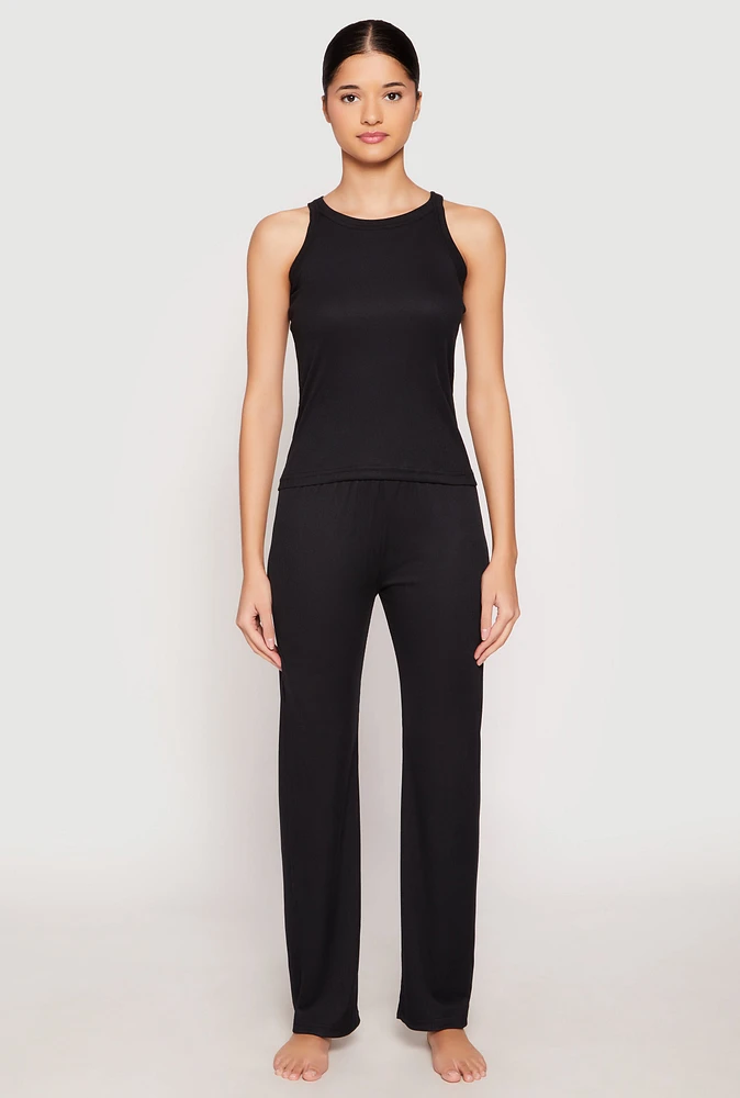 Womens Ribbed Knit Pajama Tank Top and Pants, M