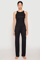 Womens Ribbed Knit Pajama Tank Top and Pants, M