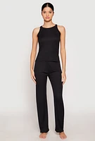 Womens Ribbed Knit Pajama Tank Top and Pants, M