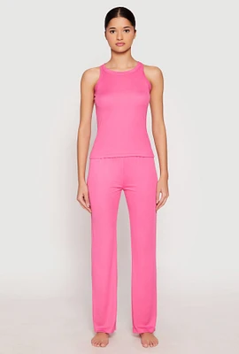 Womens Ribbed Knit Pajama Tank Top and Pants, Pink, Size M