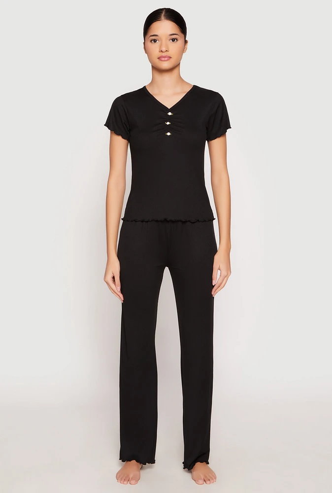 Womens Rib Knit Rose Ruched Pajama T Shirt and Wide Leg Pants, Black, Size M