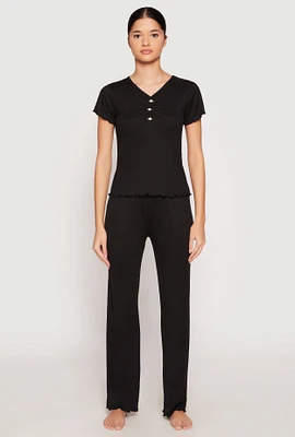 Womens Rib Knit Rose Ruched Pajama T Shirt and Wide Leg Pants, Black, Size M