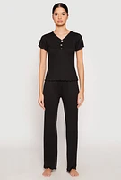 Womens Rib Knit Rose Ruched Pajama T Shirt and Wide Leg Pants, Black, Size M