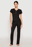 Womens Rib Knit Rose Ruched Pajama T Shirt and Wide Leg Pants, Black, Size M