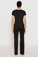 Womens Rib Knit Rose Ruched Pajama T Shirt and Wide Leg Pants, Black, Size M