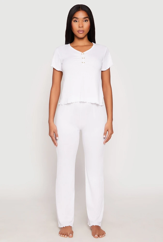 Womens Rib Knit Rose Ruched Pajama T Shirt and Wide Leg Pants, White, Size L