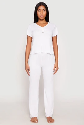 Womens Rib Knit Rose Ruched Pajama T Shirt and Wide Leg Pants, White, Size L