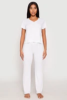 Womens Rib Knit Rose Ruched Pajama T Shirt and Wide Leg Pants, White, Size L