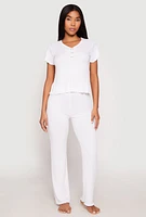 Womens Rib Knit Rose Ruched Pajama T Shirt and Wide Leg Pants, White, Size L