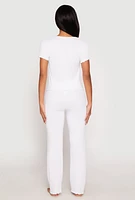 Womens Rib Knit Rose Ruched Pajama T Shirt and Wide Leg Pants, White, Size L