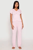 Womens Rib Knit Rose Ruched Pajama T Shirt and Wide Leg Pants, Pink, Size S