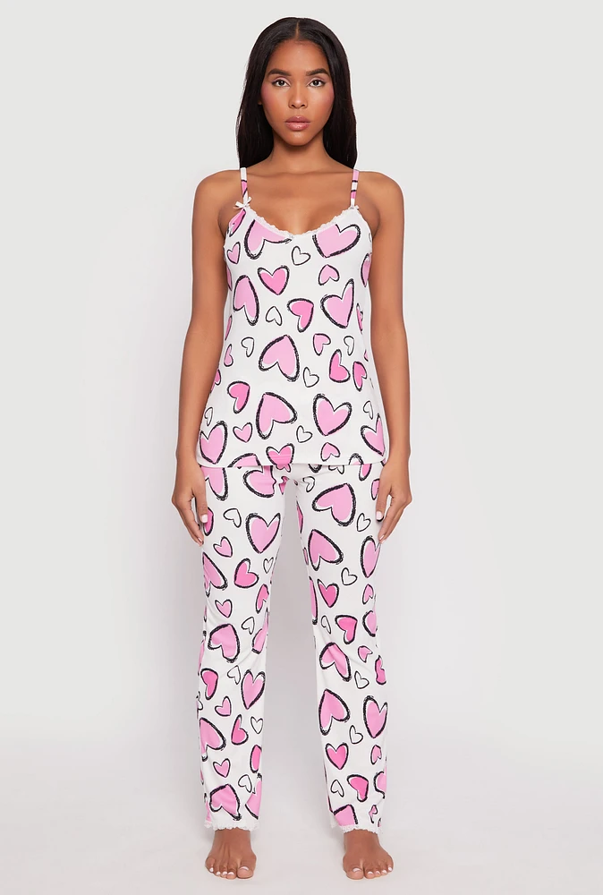 Womens Heart Print Pajama Cami with Pants, White, Size M