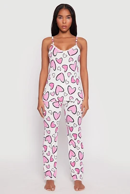 Womens Heart Print Pajama Cami with Pants, White, Size M