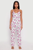 Womens Heart Print Pajama Cami with Pants, White, Size M