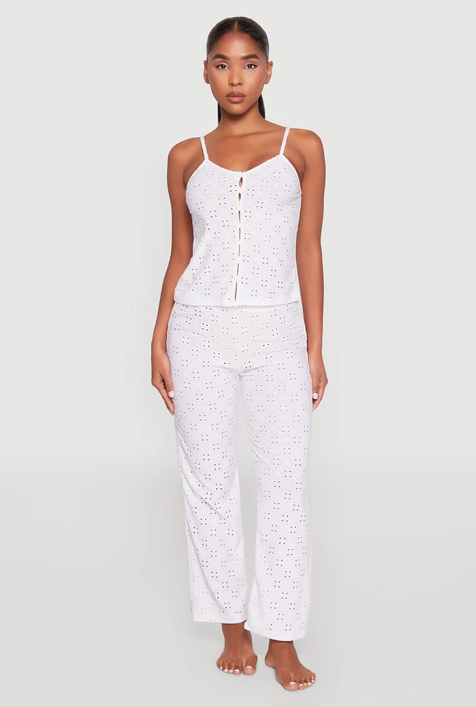 Womens Eyelet Pajama Cami and Pants Set, White, Size M