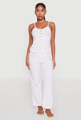 Womens Eyelet Pajama Cami and Pants Set, White, Size M