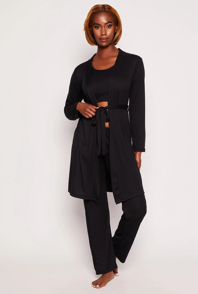 Womens Ribbed Pajama Tank Top and Shorts with Robe, Black, Size L