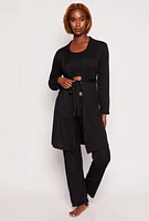Womens Ribbed Pajama Tank Top and Shorts with Robe, Black, Size L