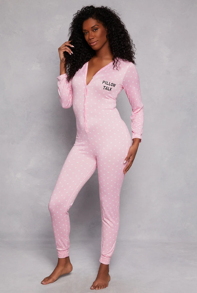 Womens Pillow Talk Polka Dot Pajama Onesie, Pink, Size M