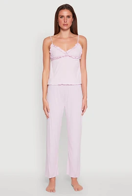 Womens Ruffled Trim Pajama Cami and Pants Set, Purple, Size S