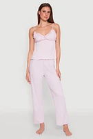 Womens Ruffled Trim Pajama Cami and Pants Set, Purple, Size S