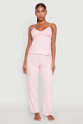 Womens Ruffled Trim Pajama Cami and Pants Set, Pink, Size L